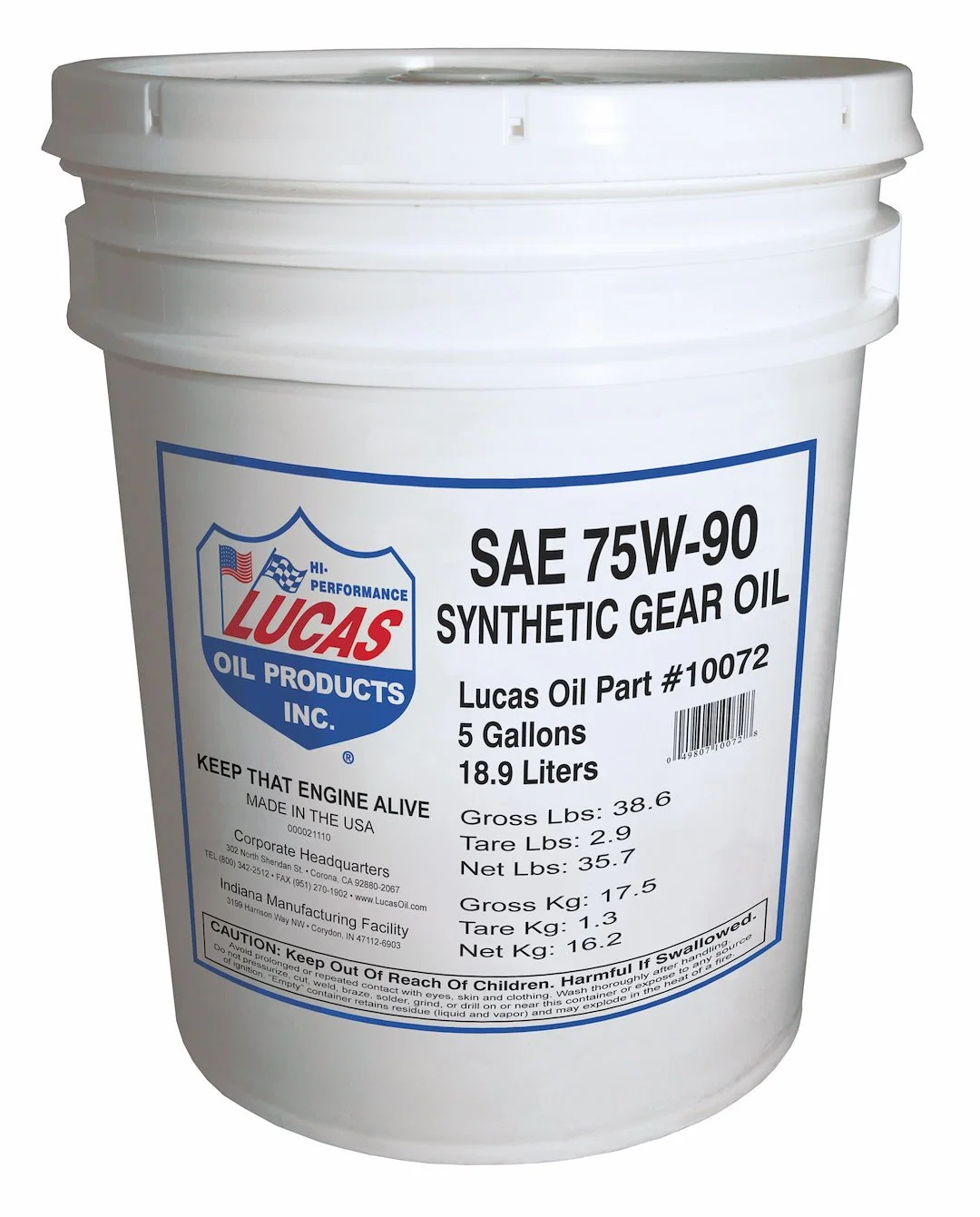 10072 – LUCAS OIL Gear Oil, SAE 75W-90 Synthetic 5 Gallon Pail Single